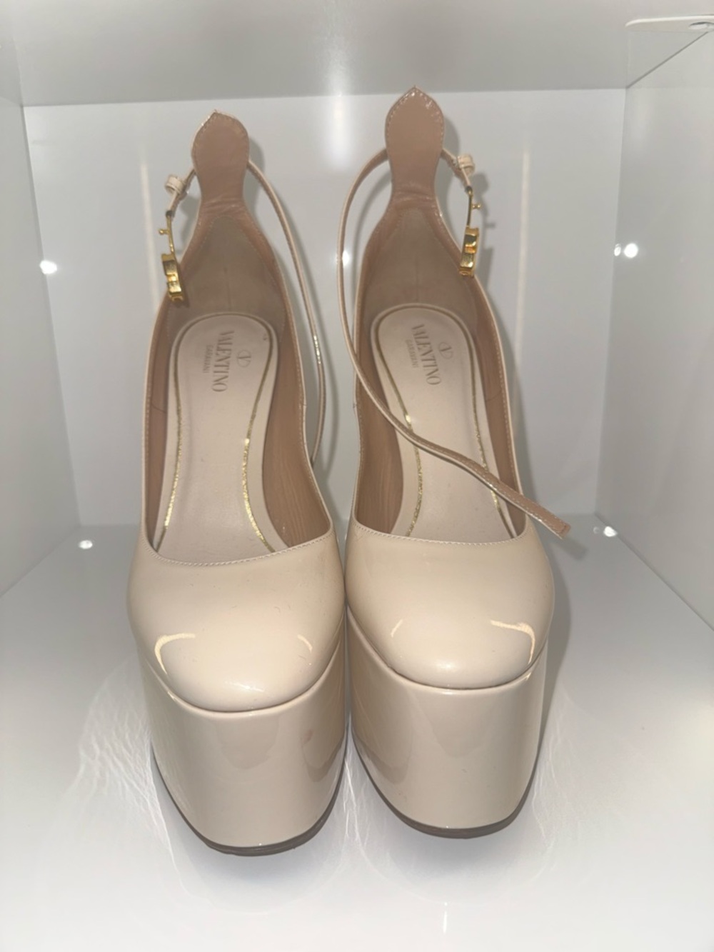 Valentino Beige Patent Platform Slingback Pumps